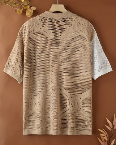 Beige Men's Color Block Knit Cardigan Short Sleeve Lapel Summer — Lino Conti