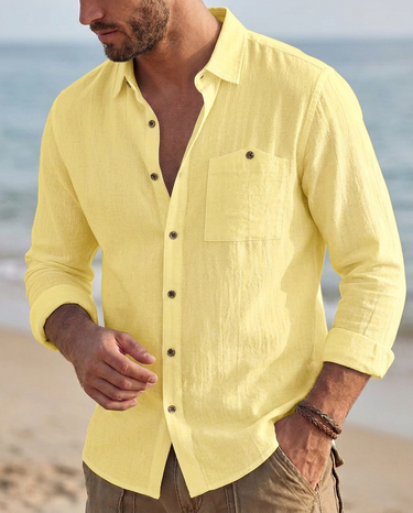 Camicia Uomo in Lino Manica Lunga Vintage con Tasca Traspirante