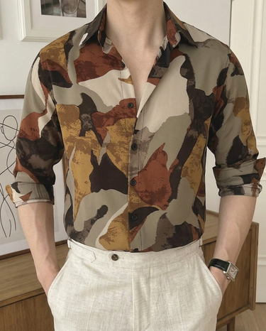 Camicia Uomo Color Block Manica Lunga Retrò Americana
