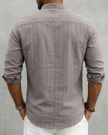 Camicia Uomo in Lino a Righe Retrò Manica Lunga con Rever e Taschino