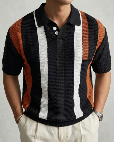 Polo Uomo in Maglia a Righe a Contrasto con Bottoni Elegante Estiva