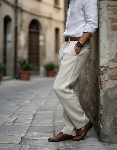 Pantaloni Uomo in Lino Vita Alta Slim Fit Eleganti