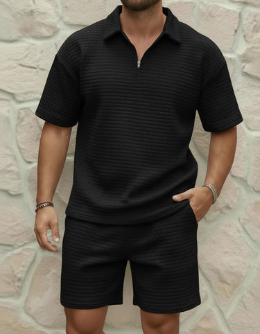 Completo Uomo Polo con Zip e Pantaloncini Waffle Coordinato Estivo
