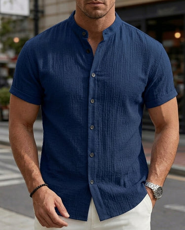 Camicia Uomo Manica Corta Colletto alla Coreana Tinta Unita Estiva