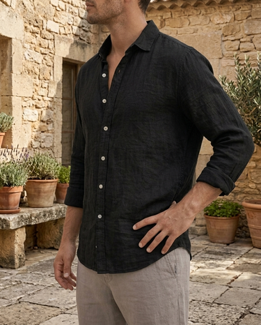 Black Men's Textured Long Sleeve Button-Down Casual Shirt — Lino Conti