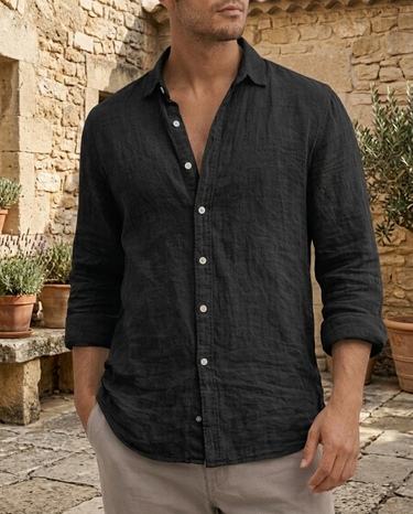 Black Men's Textured Long Sleeve Button-Down Casual Shirt — Lino Conti