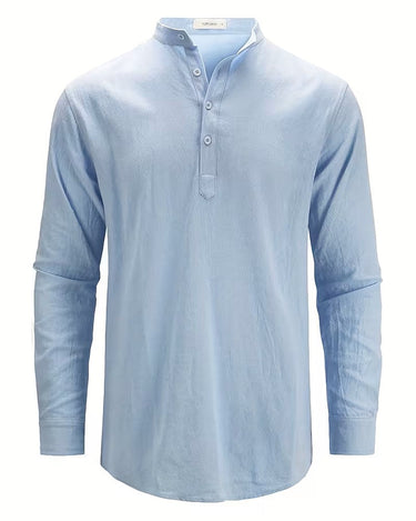 Camicia Uomo in Cotone e Lino Colletto alla Coreana Manica Lunga Tinta Unita