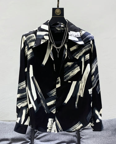 Camicia Uomo con Stampa Stile Coreano Manica Lunga Vestibilità Rilassata