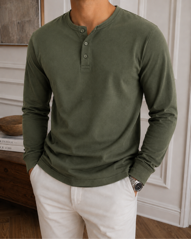Henley Uomo in Cotone Manica Lunga con Bottoni