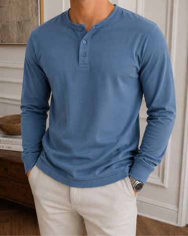 Henley Uomo in Cotone Manica Lunga con Bottoni