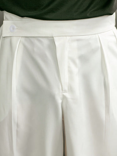 White Men's Wide Leg Pleated Belt Design Casual Trousers — Lino Conti