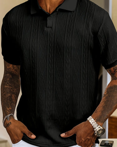 Black Men's Solid Jacquard Polo Shirt Business Golf Breathable Casual — Lino Conti