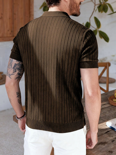 Black Men's Vertical Stripe Knit Shirt Lapel Short Sleeve Business Casual — Lino Conti