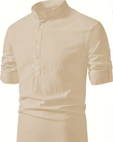 Henley Uomo in Lino Manica Lunga con Bottoni Casual per Mare e Vacanze