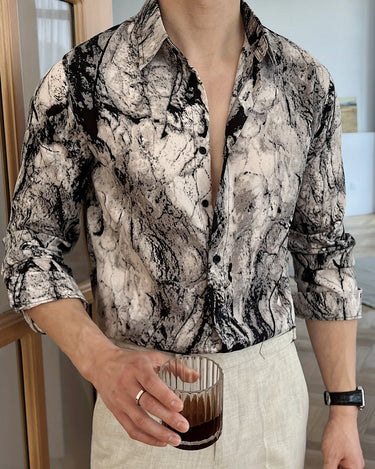 Charcoal Grey Men's Marble Print Long Sleeve Shirt Stretch Wrinkle-Resistant — Lino Conti