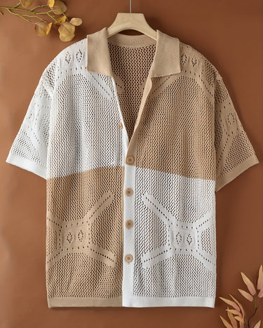 Beige Men's Color Block Knit Cardigan Short Sleeve Lapel Summer — Lino Conti