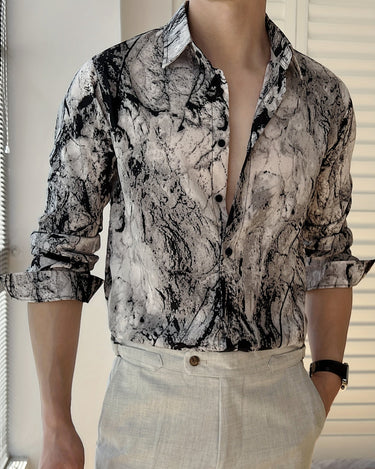 Charcoal Grey Men's Marble Print Long Sleeve Shirt Stretch Wrinkle-Resistant — Lino Conti