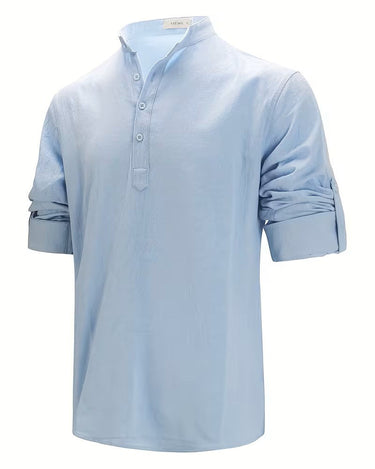 Camicia Uomo in Cotone e Lino Colletto alla Coreana Manica Lunga Tinta Unita