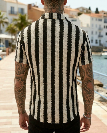 Camicia Uomo a Righe Manica Corta Strutturata Vestibilità Ampia Estate