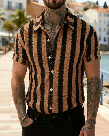 Camicia Uomo a Righe Manica Corta Strutturata Vestibilità Ampia Estate