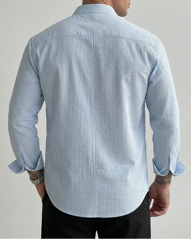 Camicia Uomo a Righe Manica Lunga Bottoni a Contrasto Primavera Autunno Casual