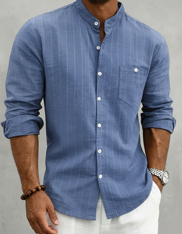 Camicia Uomo in Lino a Righe Retrò Manica Lunga con Rever e Taschino