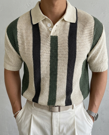 Polo Uomo in Maglia a Righe a Contrasto con Bottoni Elegante Estiva